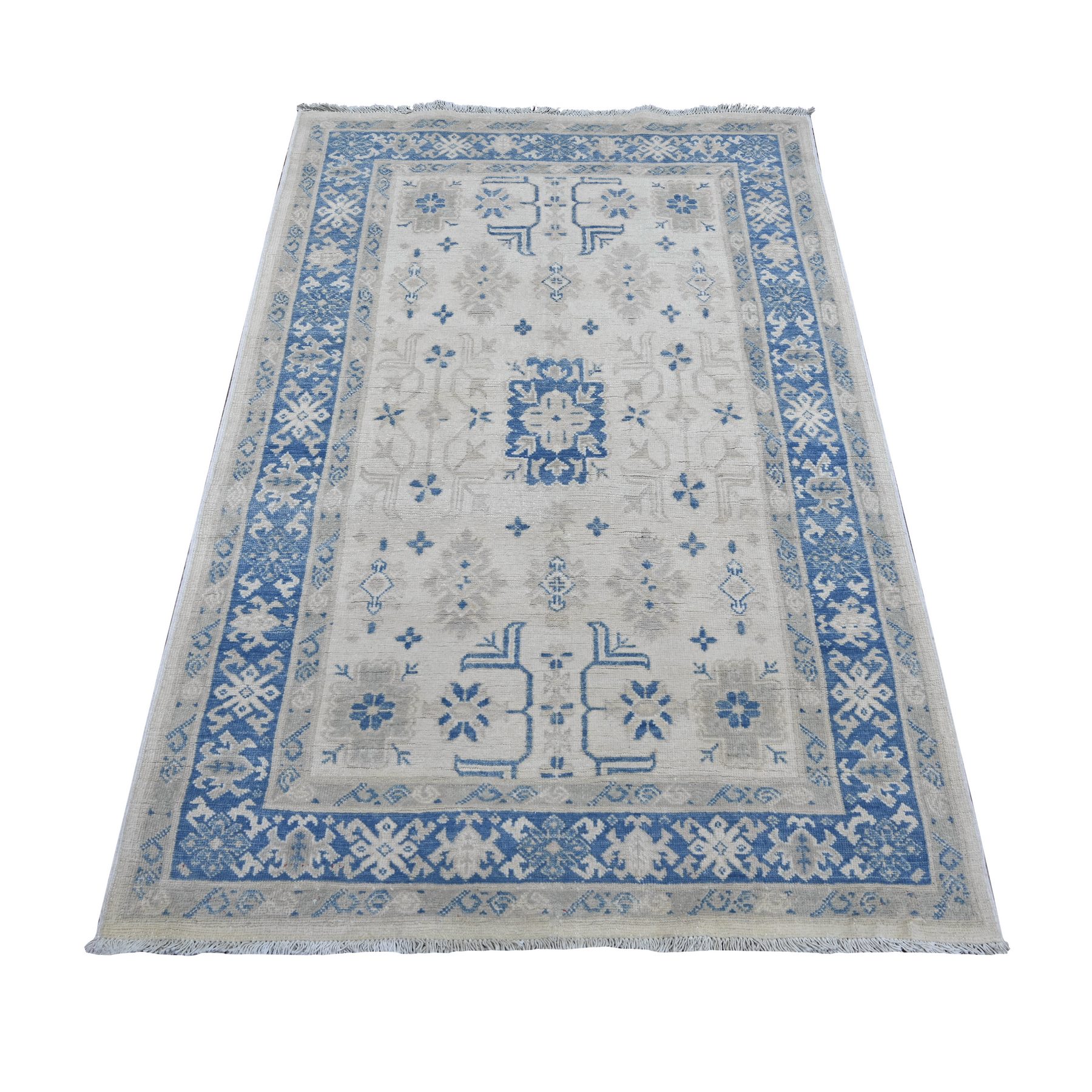 3'10"x5'6" Alabaster White, Vintage Look Kazak with Geometric Floral Elements, 100% Wool, Hand Knotted, Natural Dyes, Oriental Rug 